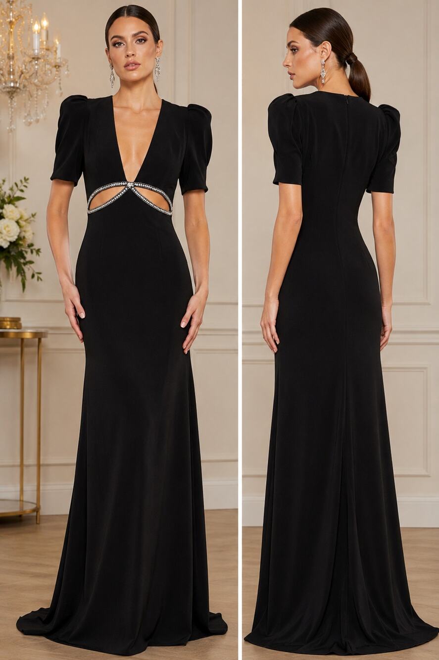 New with tags Mac Duggal 2630 Black Rhinestone Cutout Evening Gown Size 8